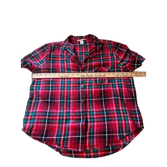 💖Victoria's Secret Red Plaid Button-Down Short Sleeve Shirt M Top - Picture 2 of 7